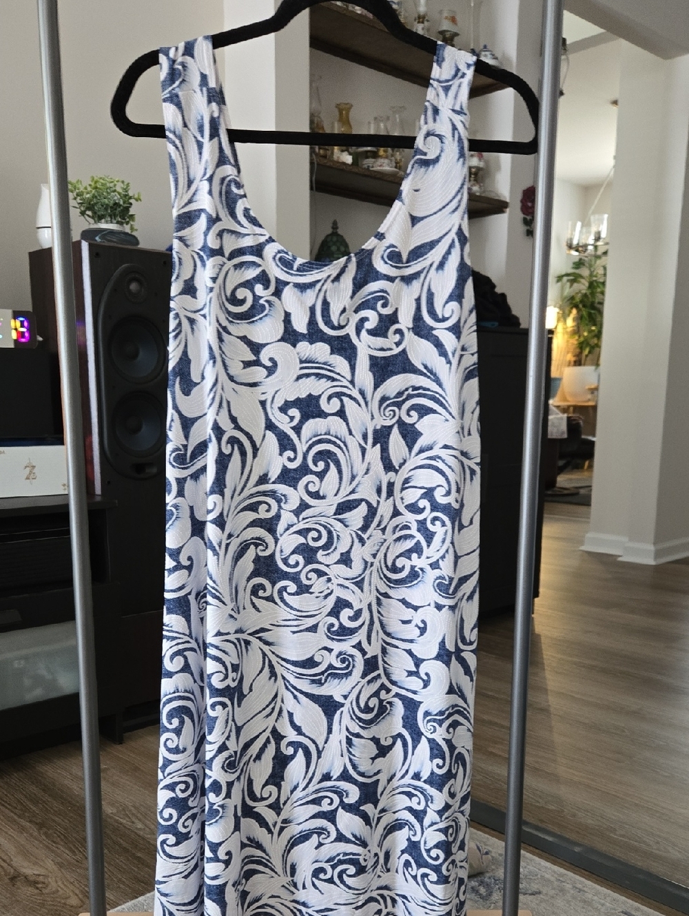 Sleeveless Navy & White Midi Dress - Elegant Scroll Print